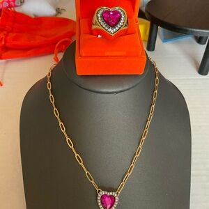 Heart Pendant Necklace and Ring Set with Pink Stones
